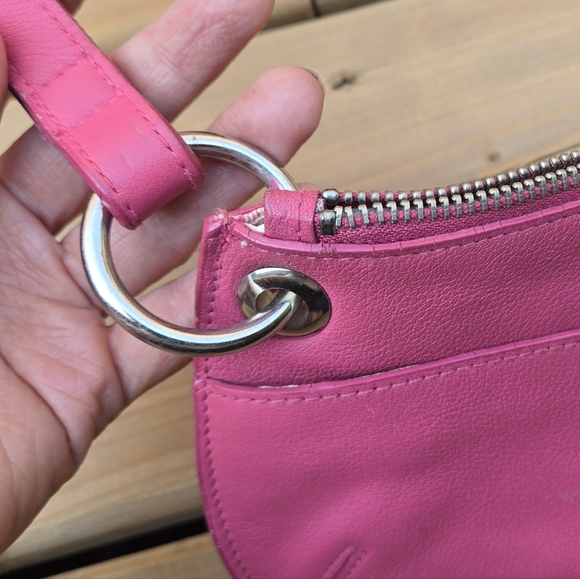 Pink Leather Wristlet w Unique Ring Strap, Front Pocket + Zipper Top - Picture 3 of 12